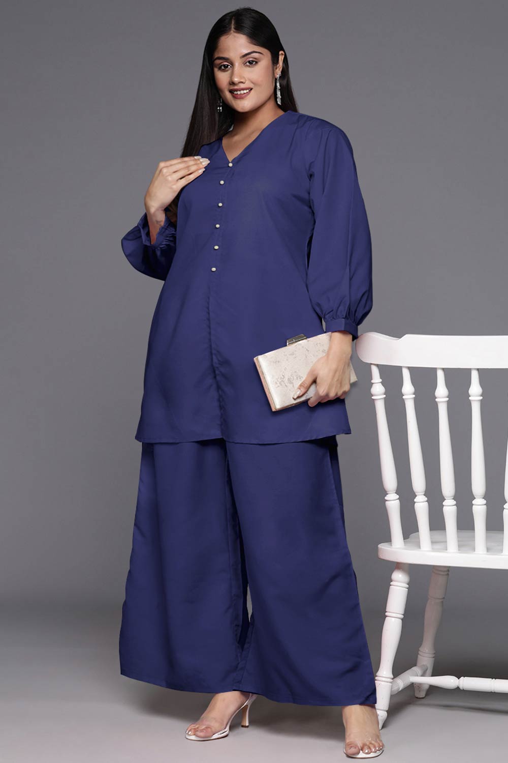 Navy Blue Cotton Blend Solid Straight V-Neck Co-Ord Set