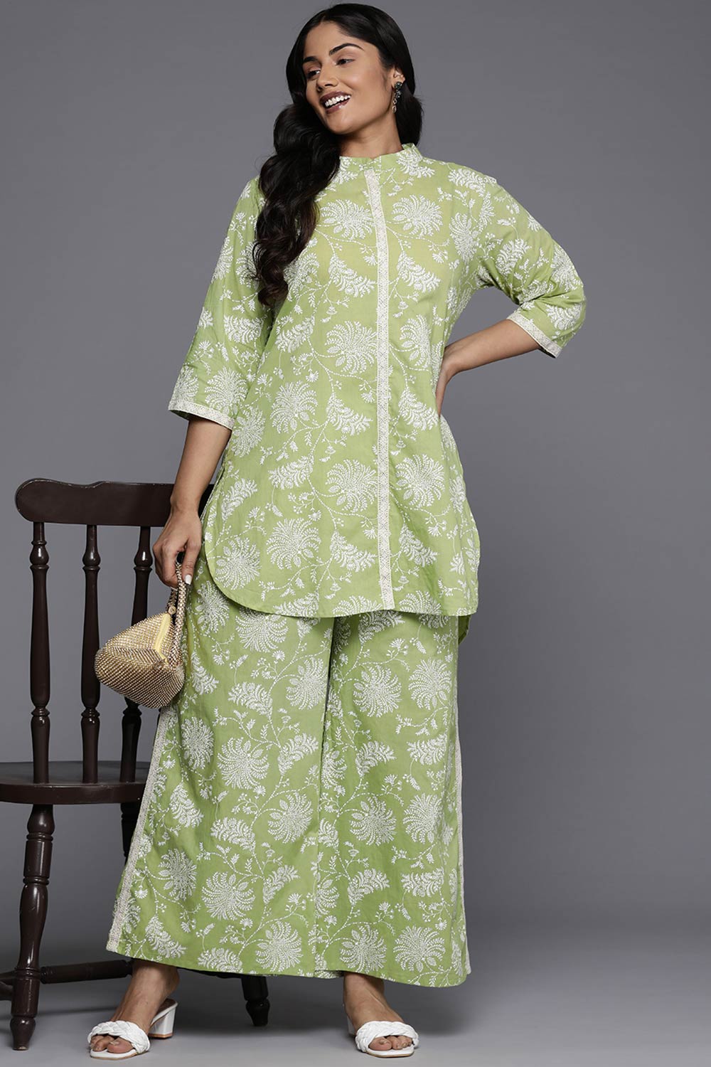 Green Pure Cotton Printed Straight Mandarin Collar Co-Ord Set