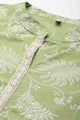 Green Pure Cotton Printed Straight Mandarin Collar Co-Ords Set