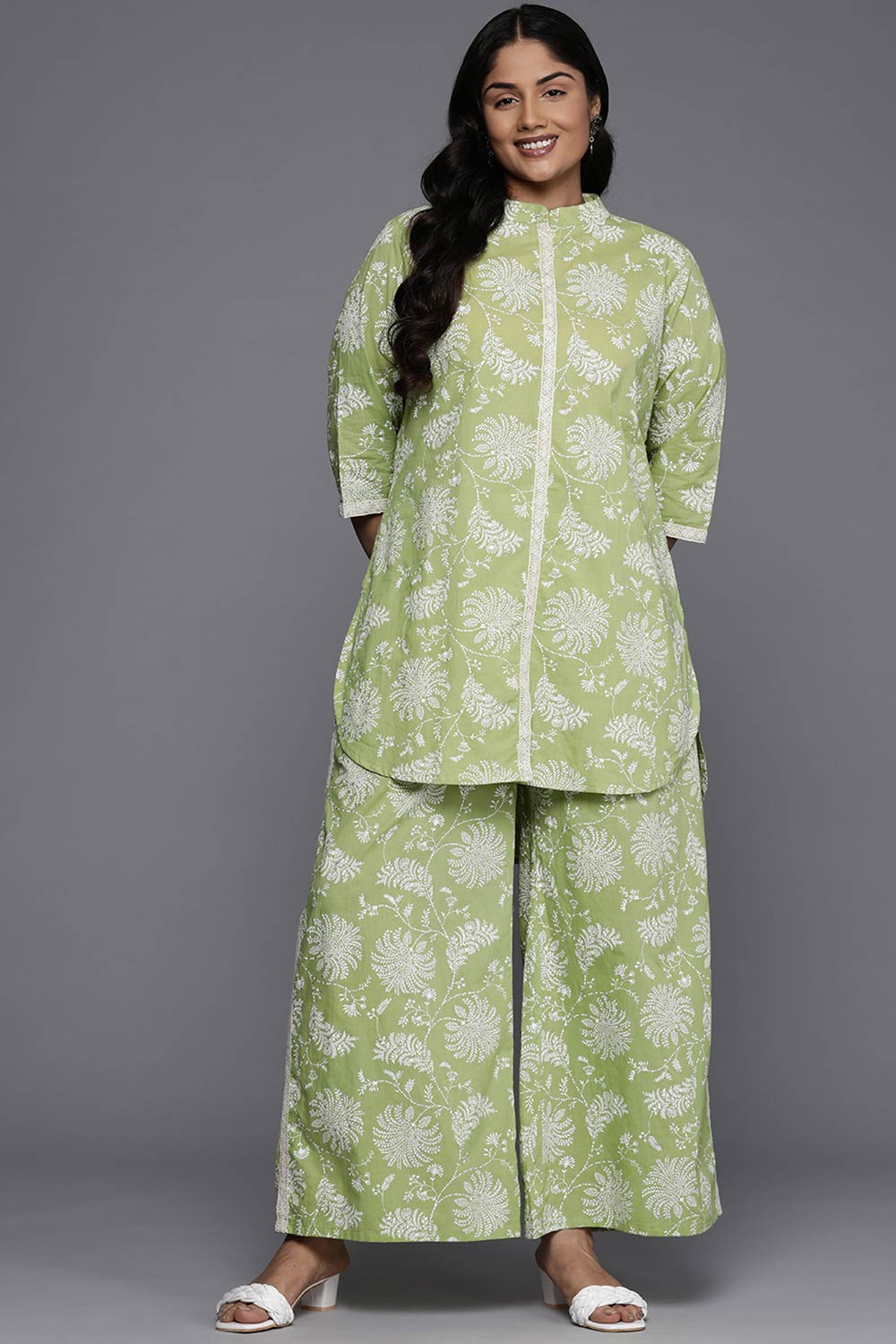 Green Pure Cotton Printed Straight Mandarin Collar Co-Ords Set