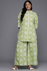 Green Pure Cotton Printed Straight Mandarin Collar Co-Ords Set