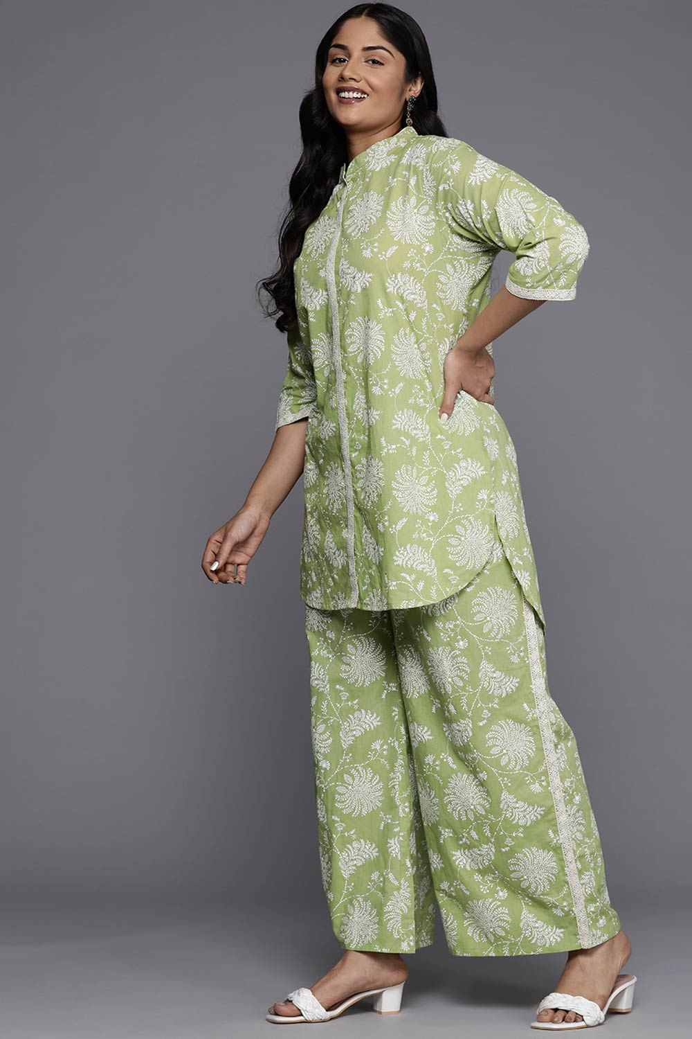 Green Pure Cotton Printed Straight Mandarin Collar Co-Ords Set