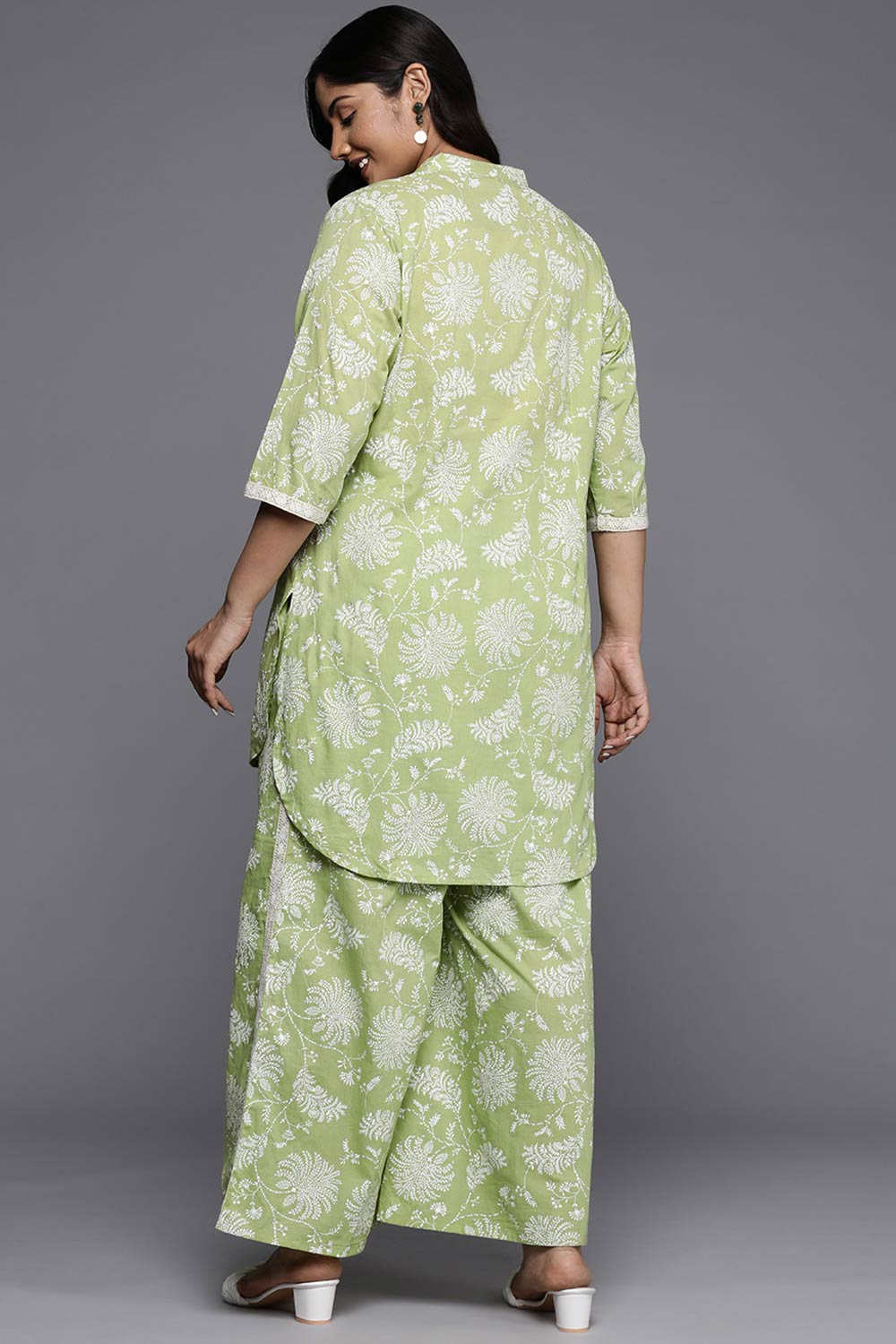 Green Pure Cotton Printed Straight Mandarin Collar Co-Ord Set