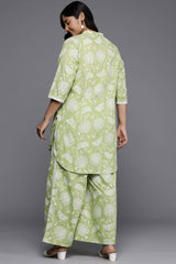 Green Pure Cotton Printed Straight Mandarin Collar Co-Ords Set