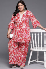 Red Pure Cotton Printed Straight V-Neck Co-Ords Set