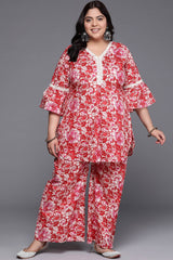 Red Pure Cotton Printed Straight V-Neck Co-Ords Set