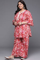 Red Pure Cotton Printed Straight V-Neck Co-Ords Set