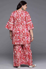 Red Pure Cotton Printed Straight V-Neck Co-Ords Set