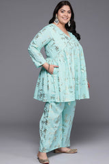 Blue Pure Cotton Printed Straight V-Neck Co-Ords Set