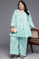 Blue Pure Cotton Printed Straight V-Neck Co-Ords Set