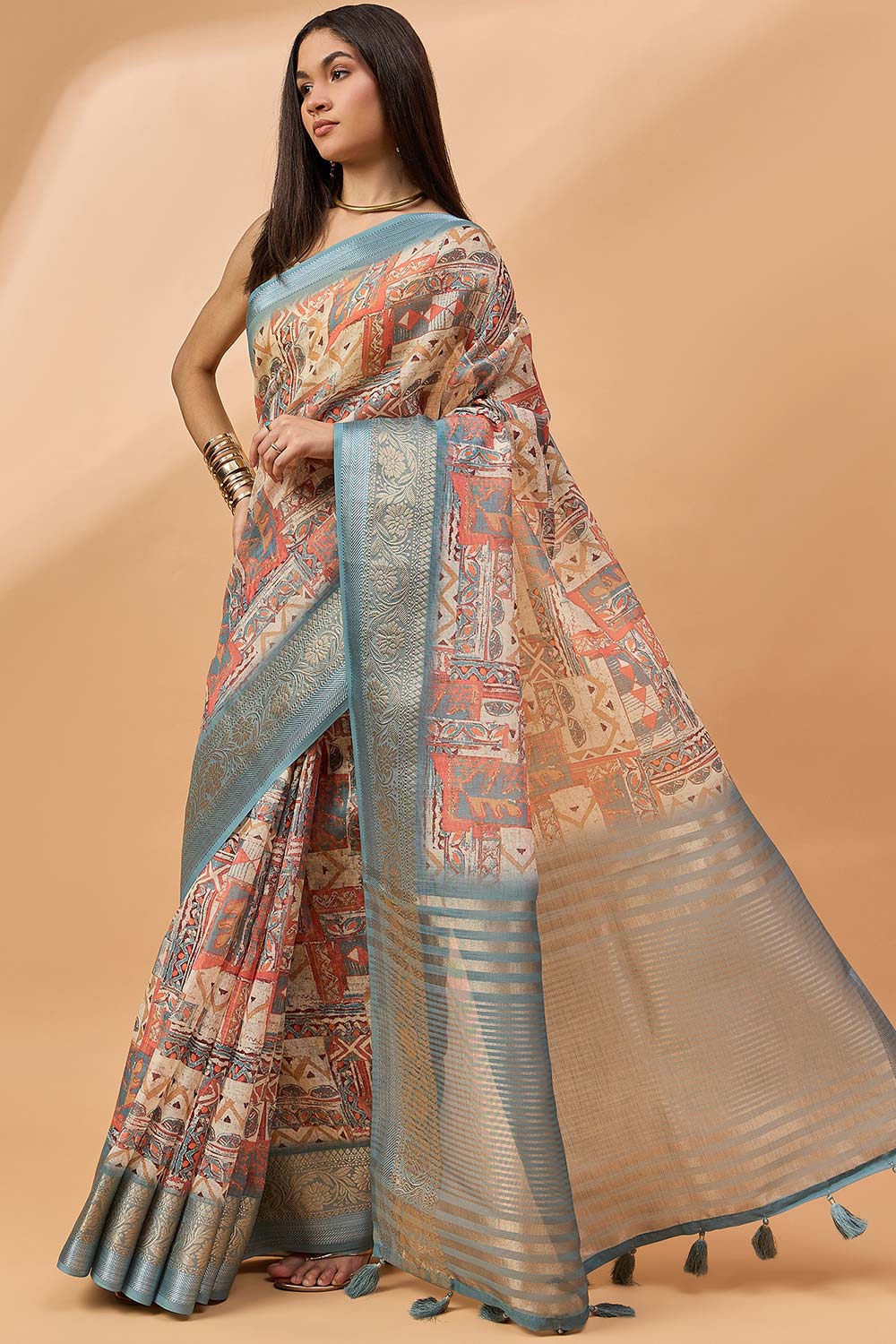 Off White Linen Woven Saree