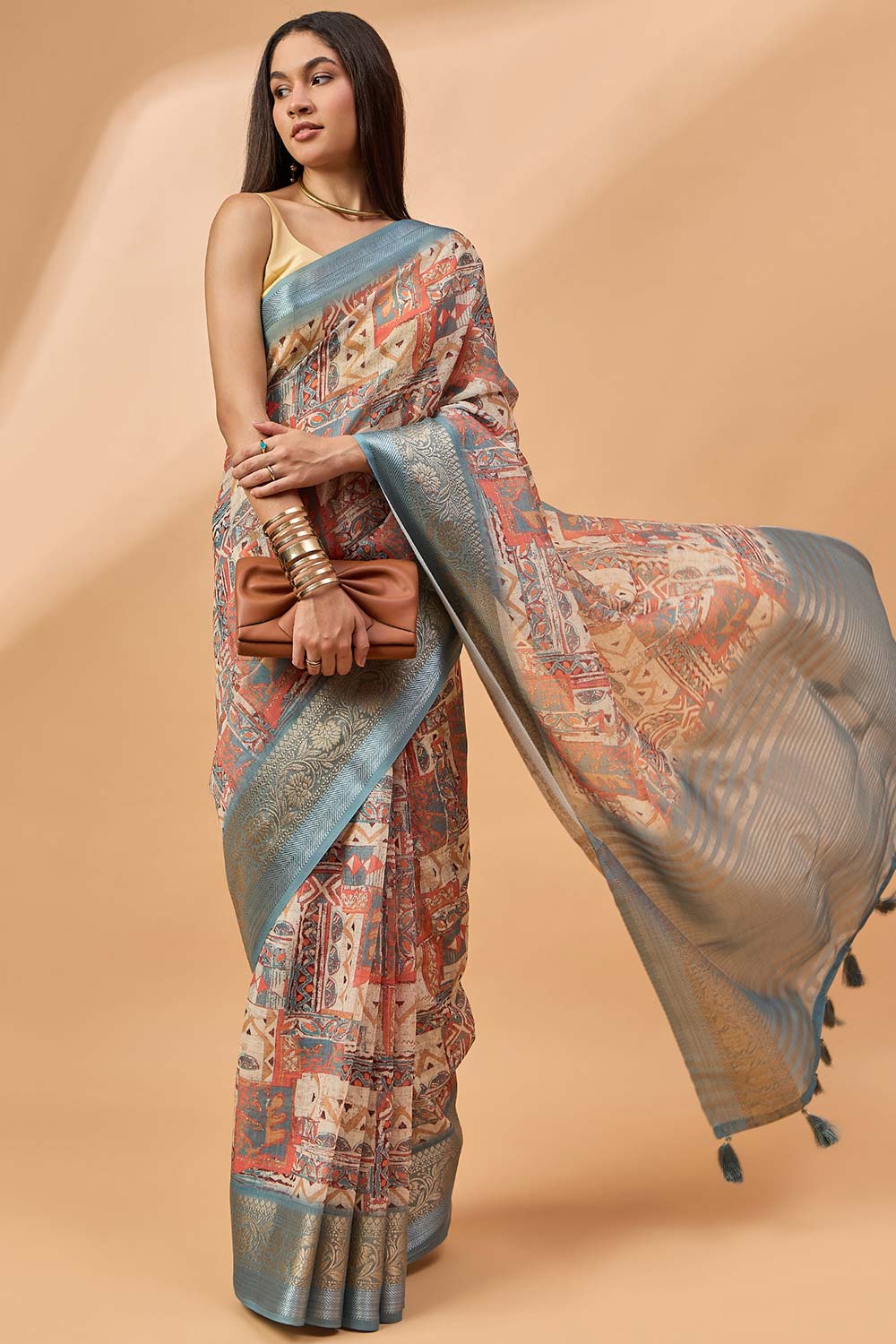 Off White Linen Woven Saree