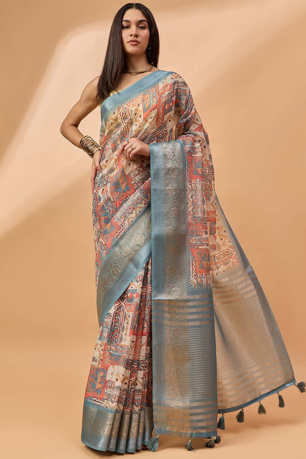 Off White Linen Woven Saree