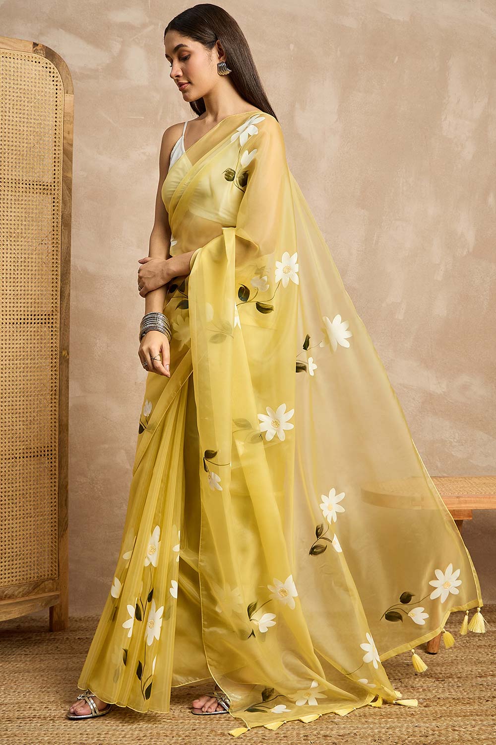 Yellow Organza Woven Saree