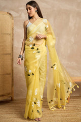 Yellow Organza Woven Saree