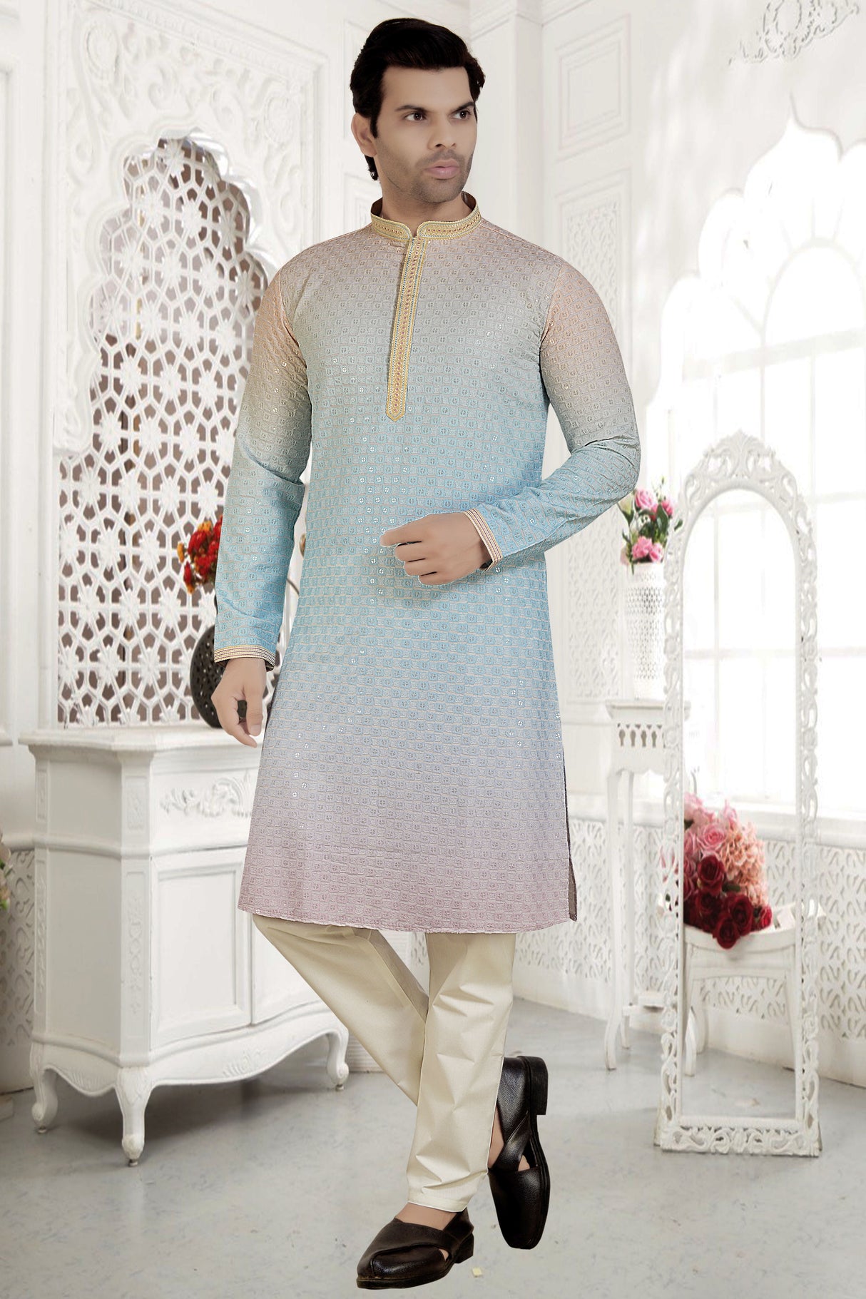 Men's Blue Rayon Cotton Kurta Pyjama Set