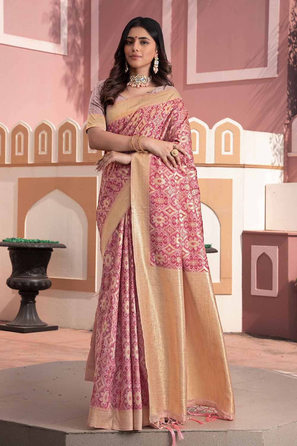 Pink Ikat Cotton Silk Saree