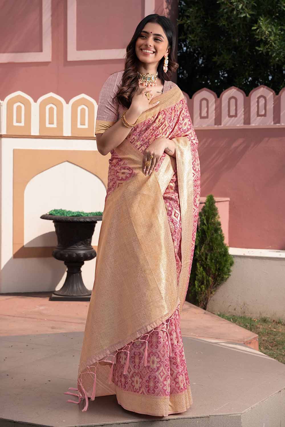 Pink Ikat Cotton Silk Saree