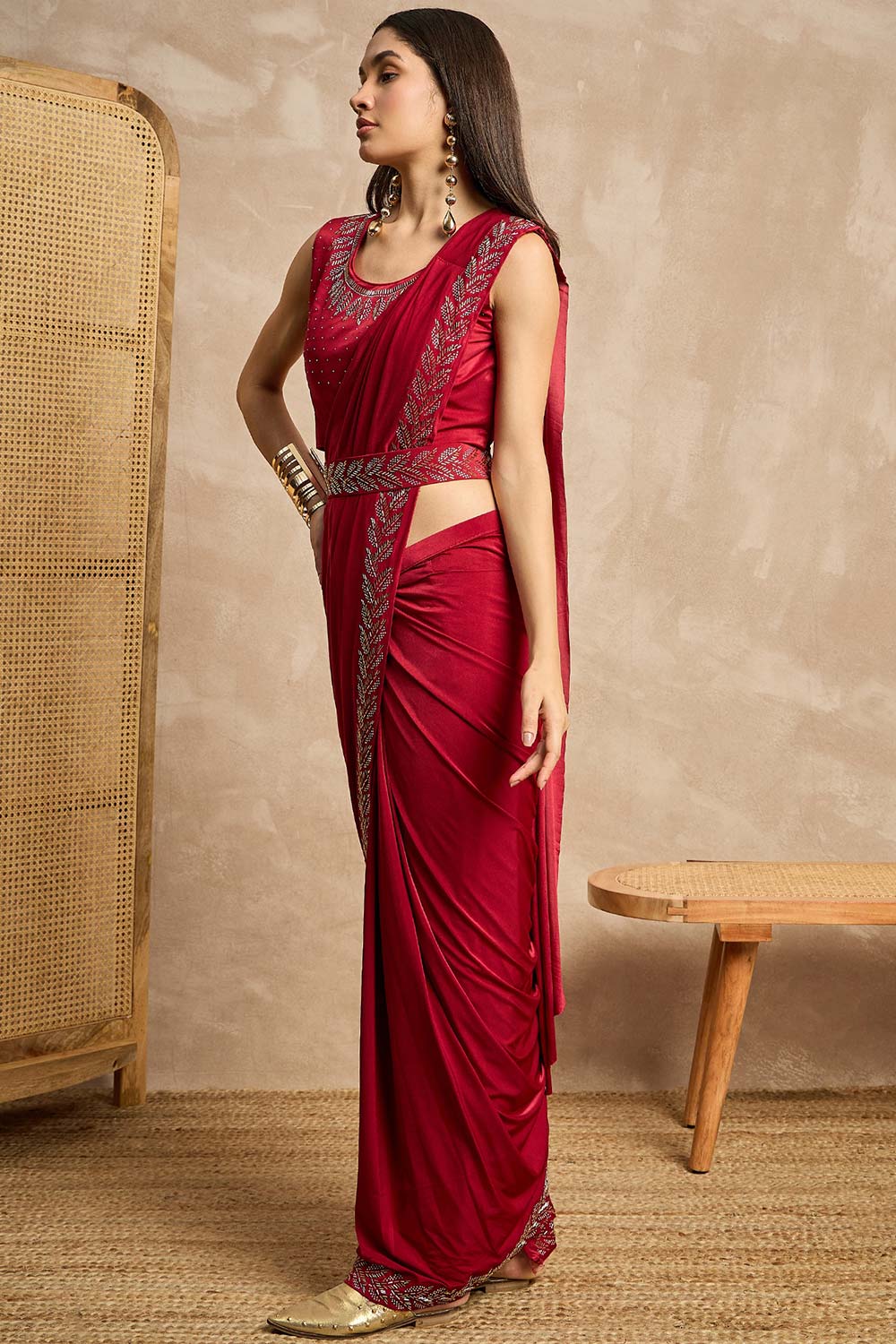 Maroon Lycra Solid Saree