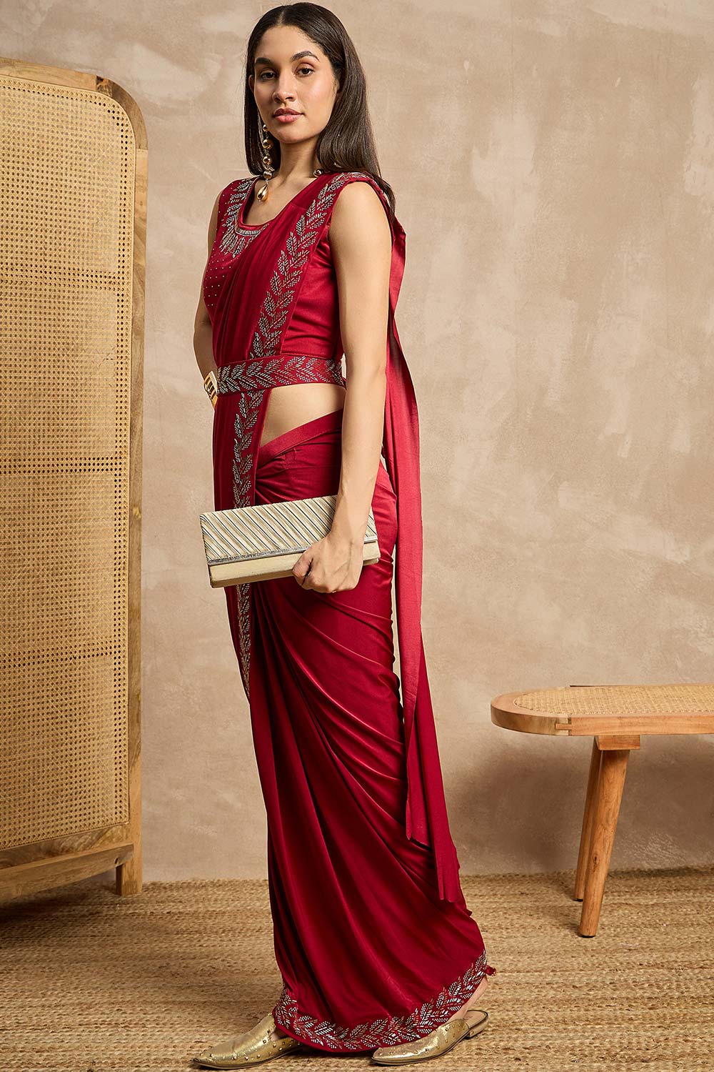 Maroon Lycra Solid Saree