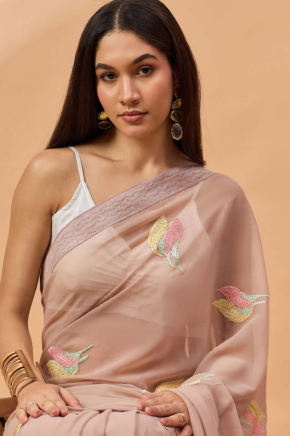 Brown Pure Georgette Woven Saree