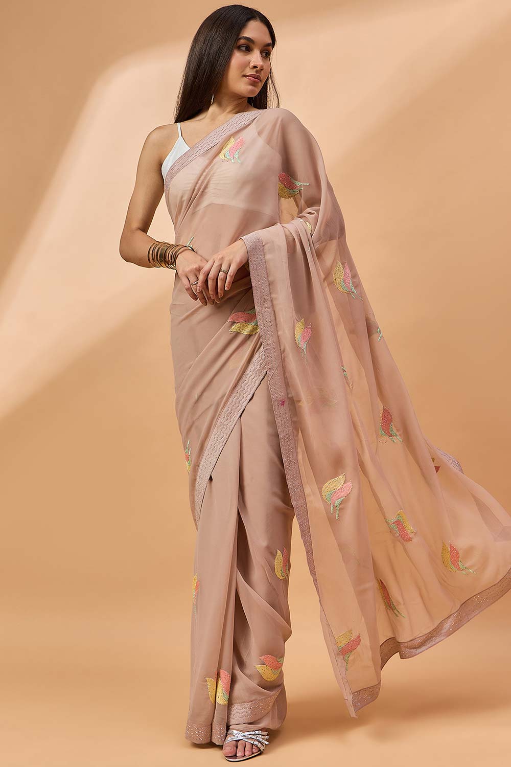 Brown Pure Georgette Woven Saree