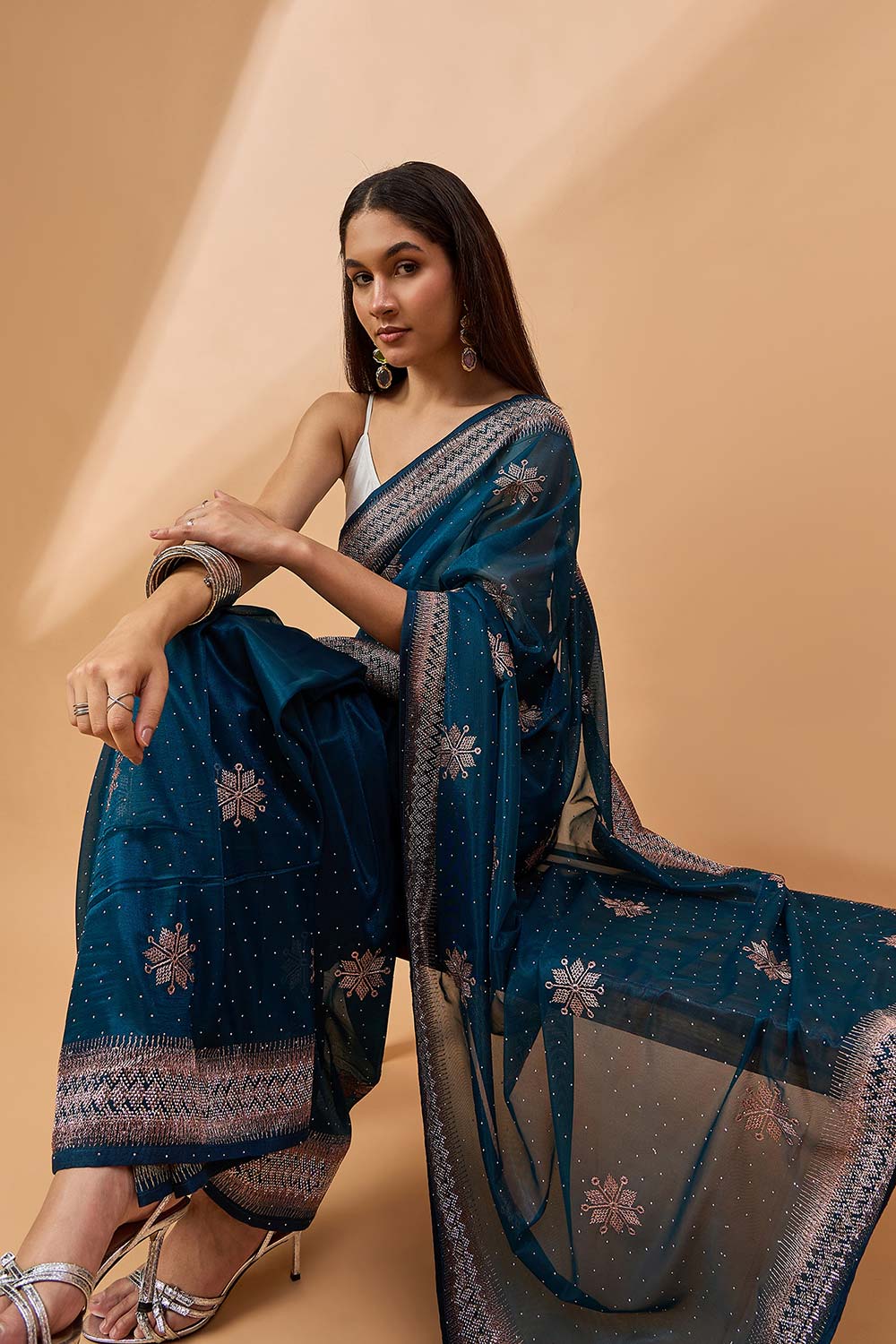 Blue Poly Chiffon Woven Saree