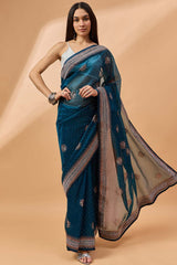 Blue Poly Chiffon Woven Saree