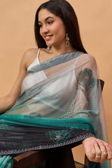 Blue Poly Chiffon Woven Saree