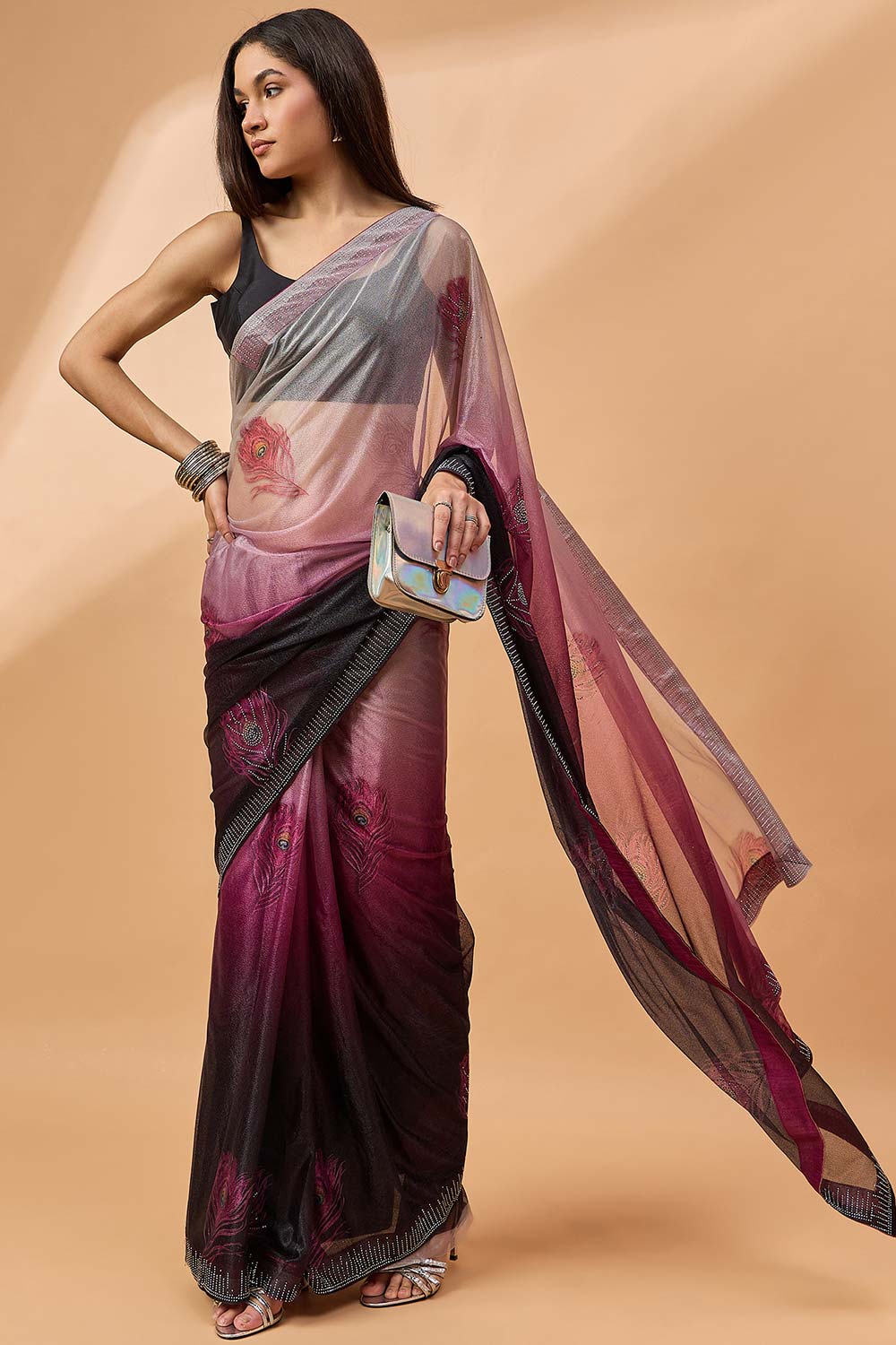 Purple Poly Chiffon Woven Saree