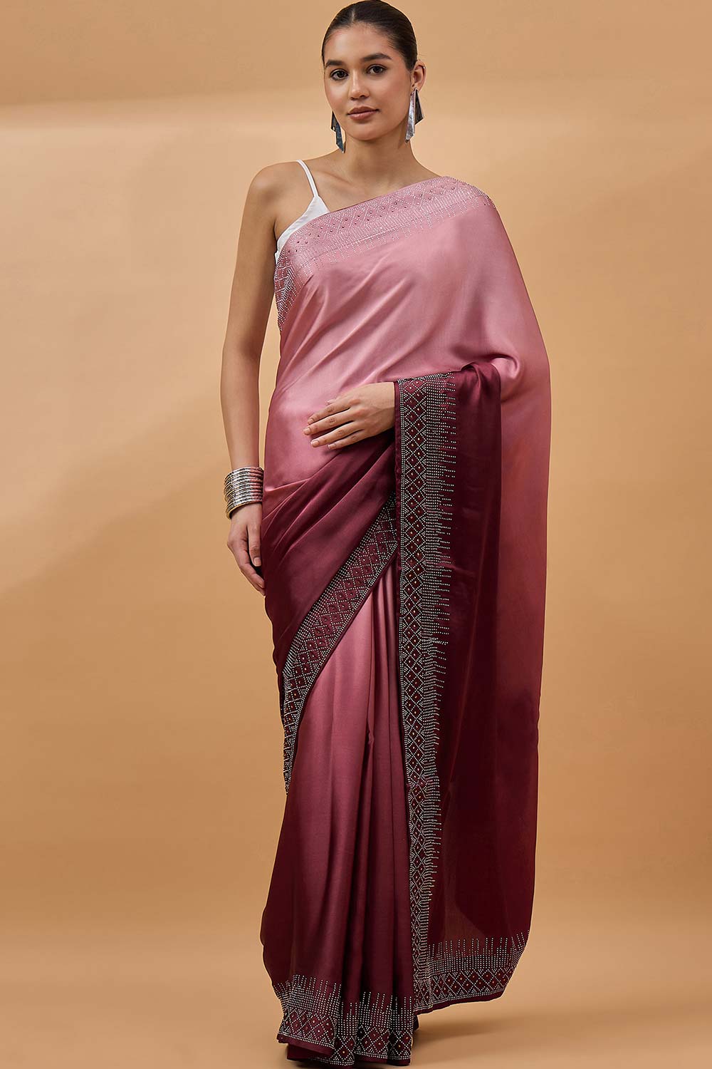 Maroon Satin Woven Saree