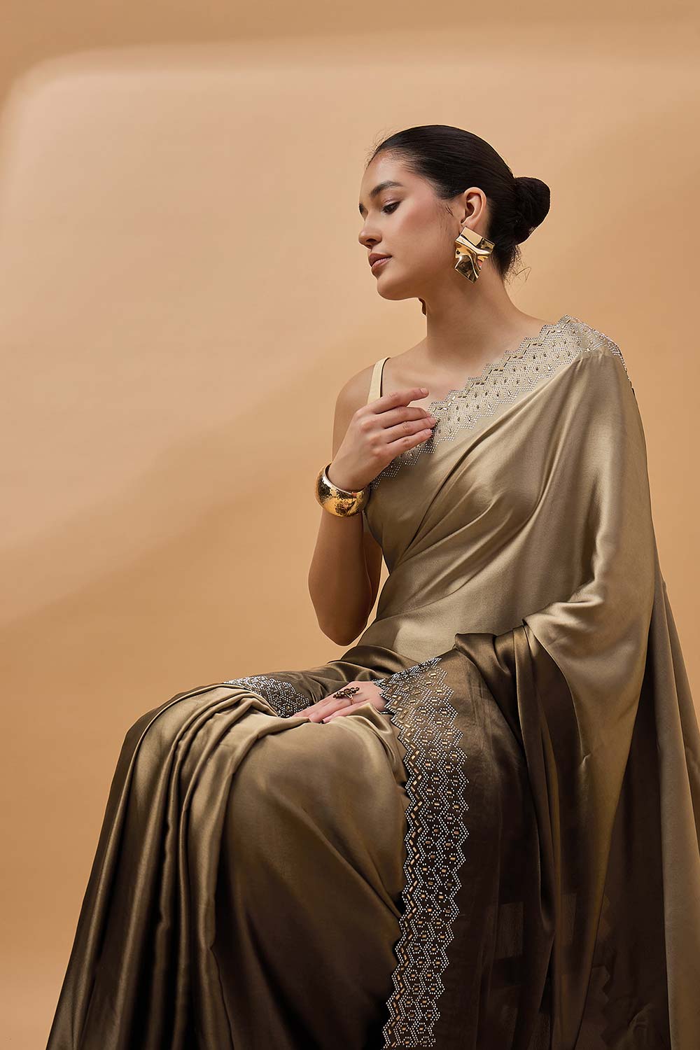 Brown Satin Woven Saree