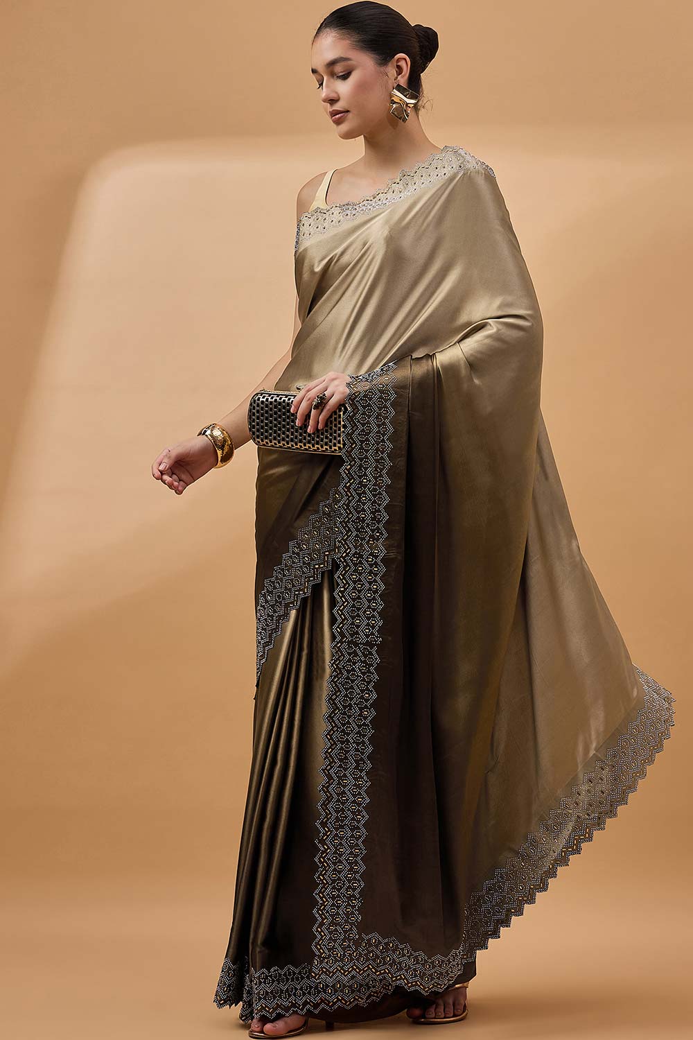 Brown Satin Woven Saree