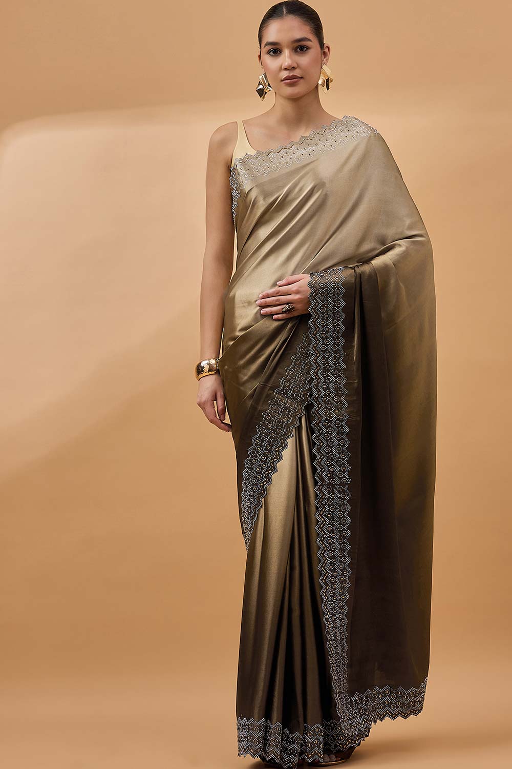 Brown Satin Woven Saree