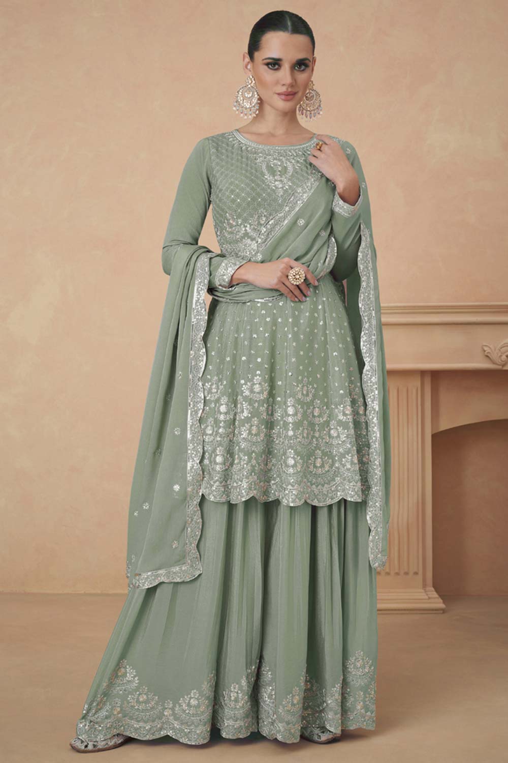 Sea Green Chiffon Embroidered Readymade Suits