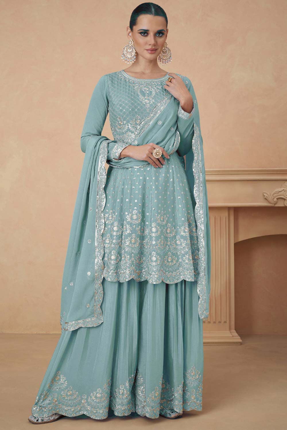 Aqua Blue Chiffon Embroidered Readymade Suits