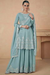 Aqua Blue Chiffon Embroidered Readymade Suits