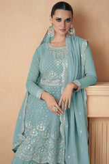 Aqua Blue Chiffon Embroidered Suit