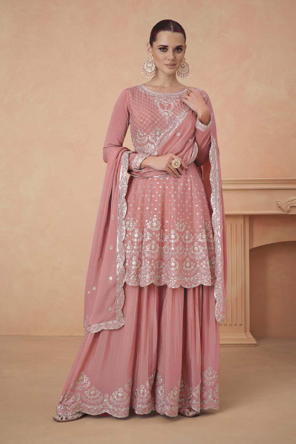 Peach Chiffon Embroidered Readymade Suits