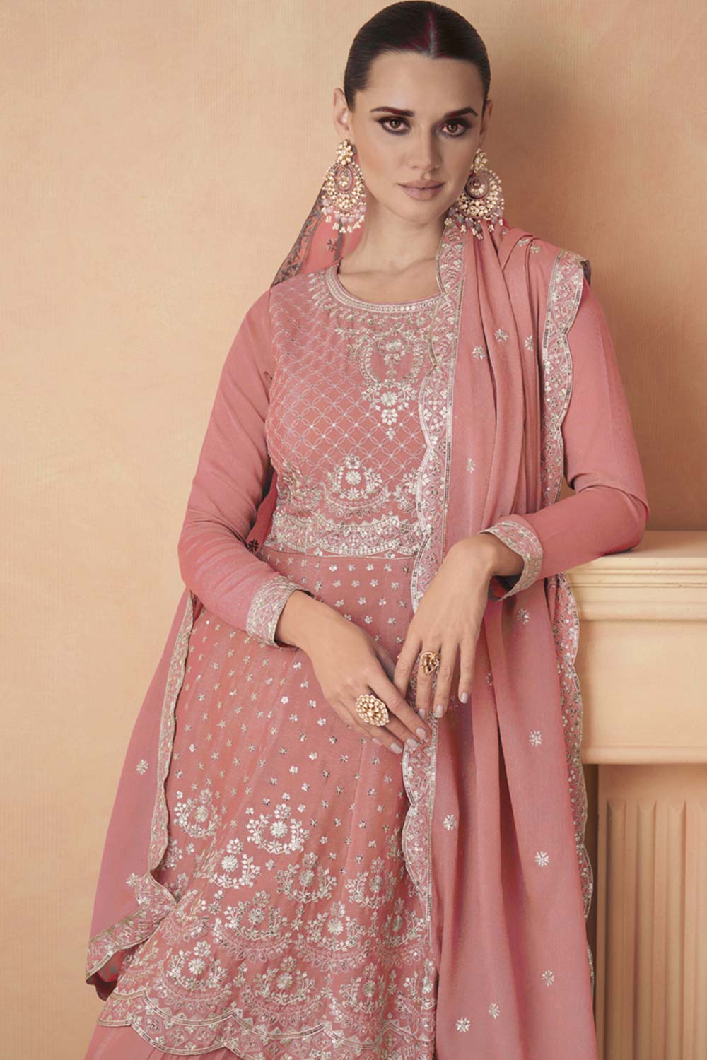 Peach Chiffon Embroidered Readymade Suits