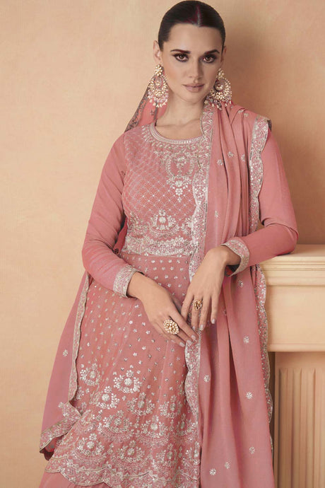 Peach Chiffon Embroidered Readymade Suits
