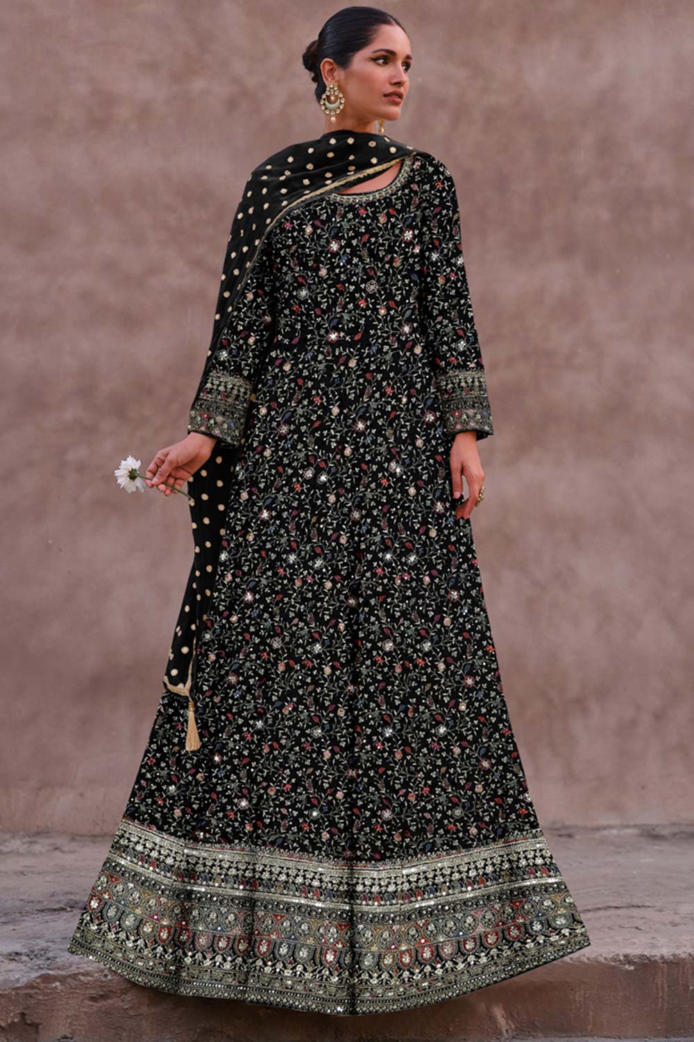 Black Faux Georgette Embroidered Round Neck Anarkali Salwar Kameez