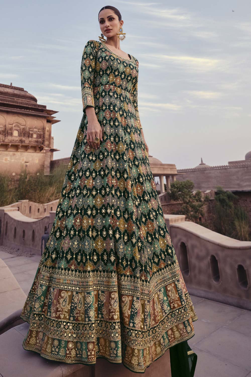 Green Georgette Embroidered Readymade Suits