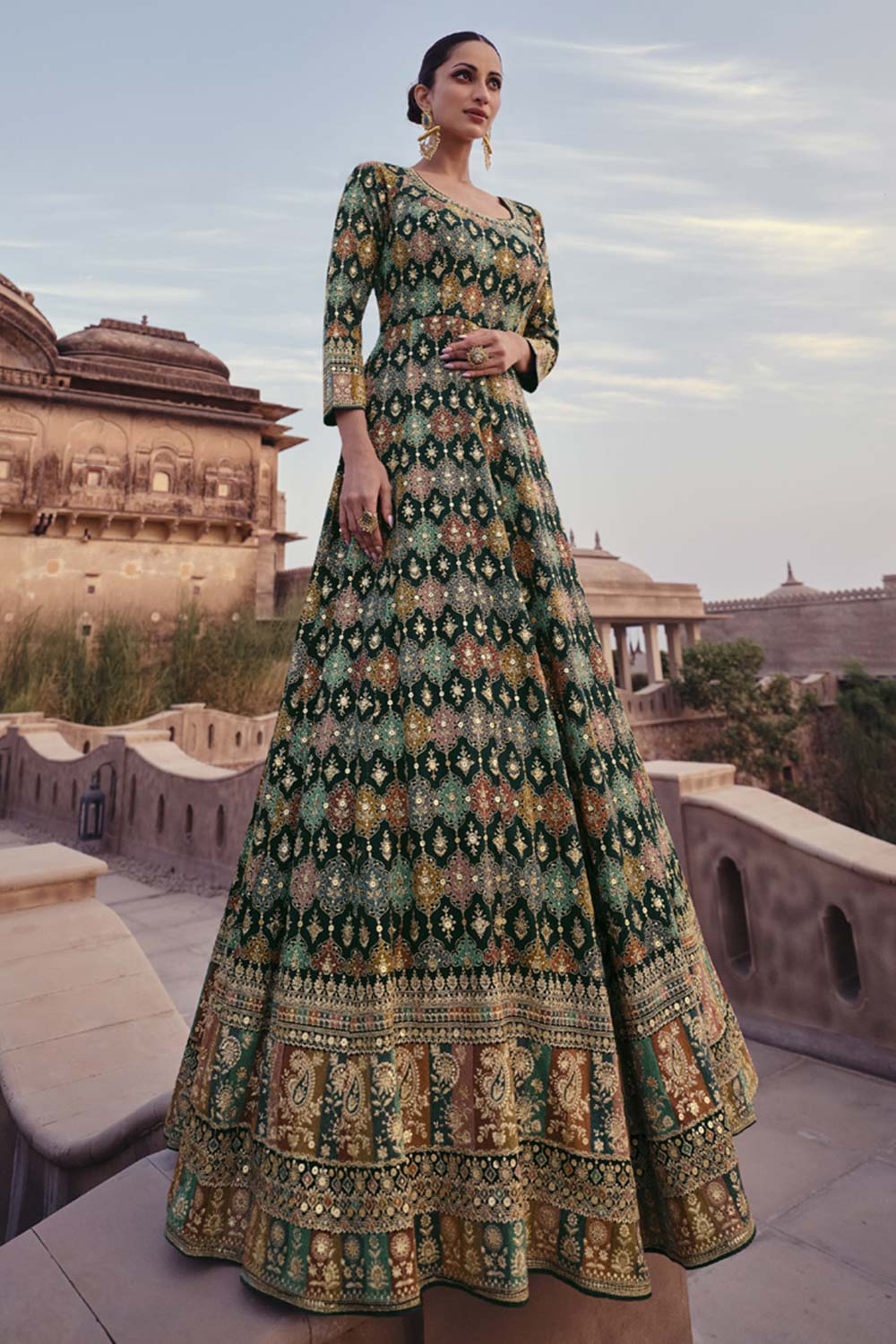 Green Georgette Embroidered Readymade Suits