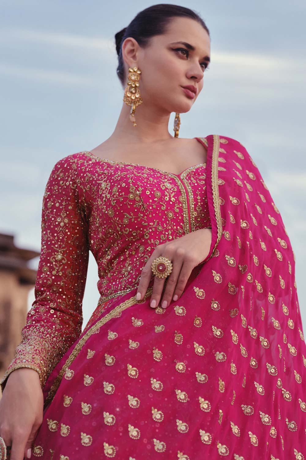 Rani Pink Georgette Embroidered Readymade Suits