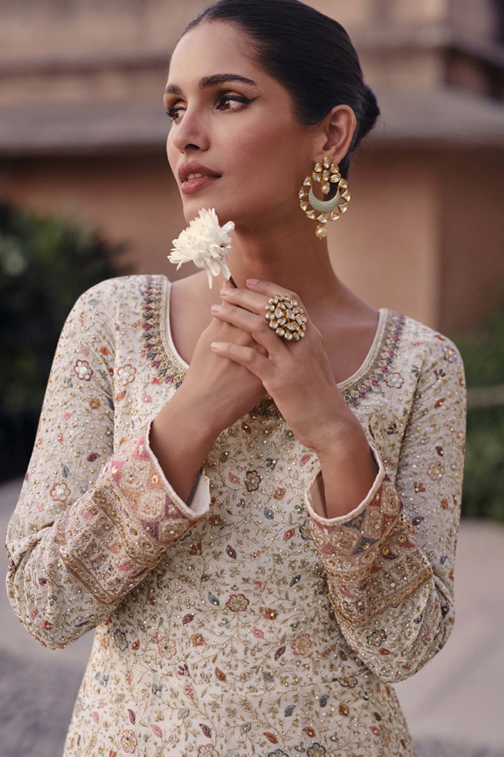 White Georgette Embroidered Readymade Suits