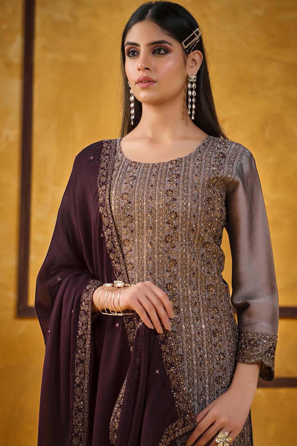 Mauve Satin Embroidered Salwar Suits