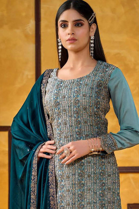 Light blue satin Embroidered Salwar Suits