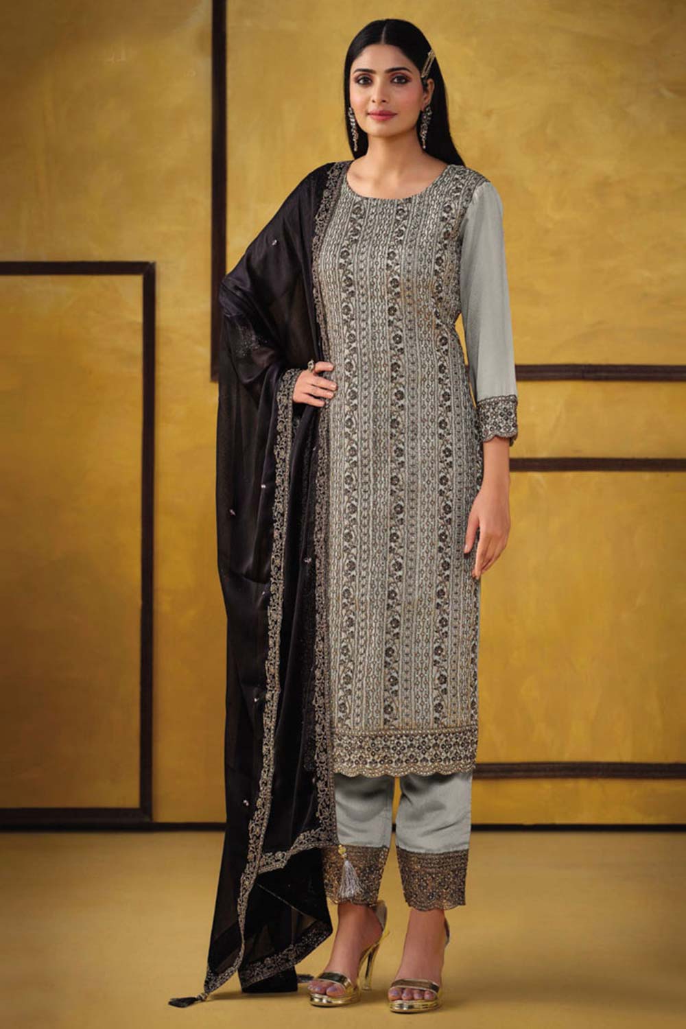 Grey satin Embroidered Salwar Suits