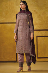 Mauve satin Embroidered Salwar Suits